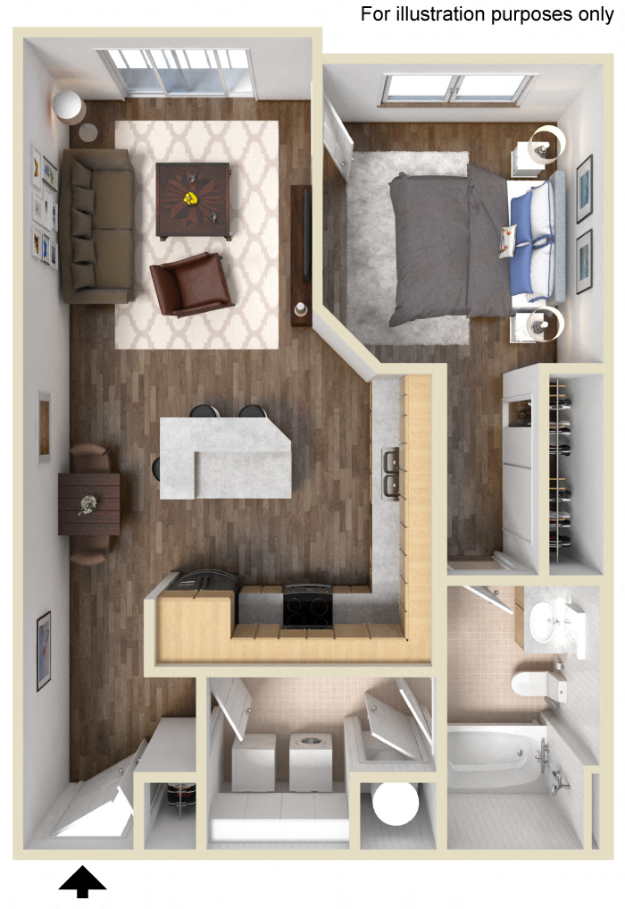 Floor plan for 1 bed, 1 bath, 698 sqft